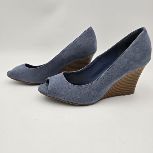 Clarks Collection Peep Toe Wedge Heels Blue Suede Comfort Shoes Womens Size 5 - Picture 2 of 7